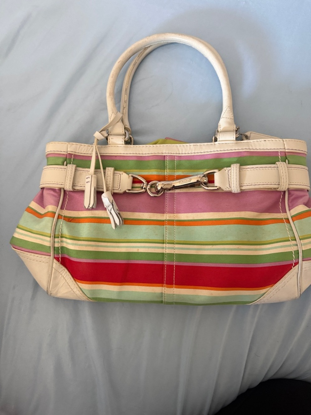 Striped Coach  Multicolor Tote Handbag - White Trim